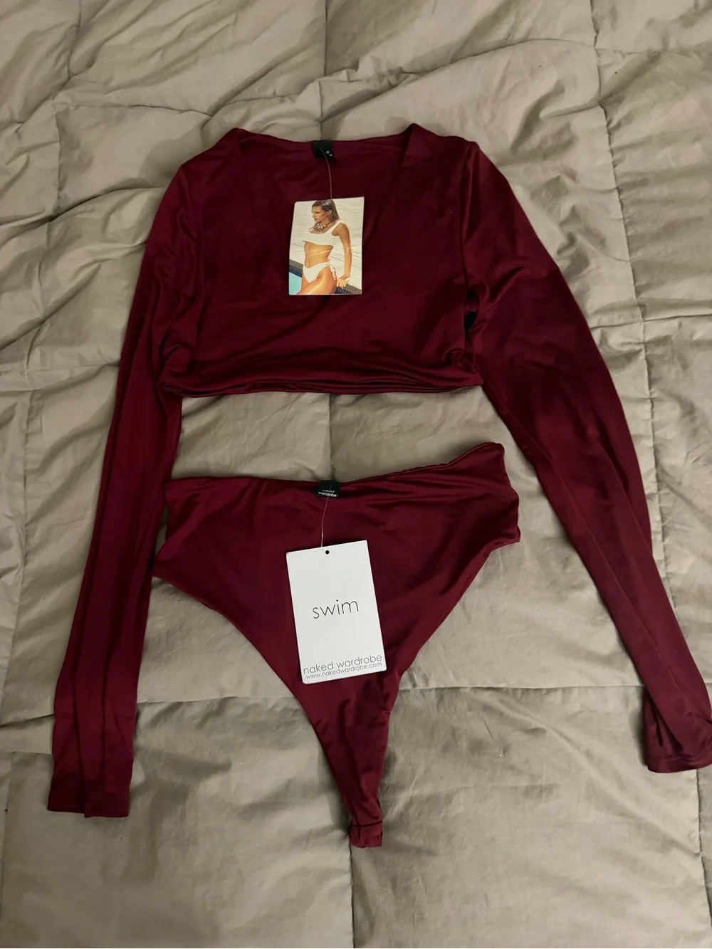 Swim Naked wardrobe Burgundy Long Sleeve Crop Bikini Set - Picture 1 of 4